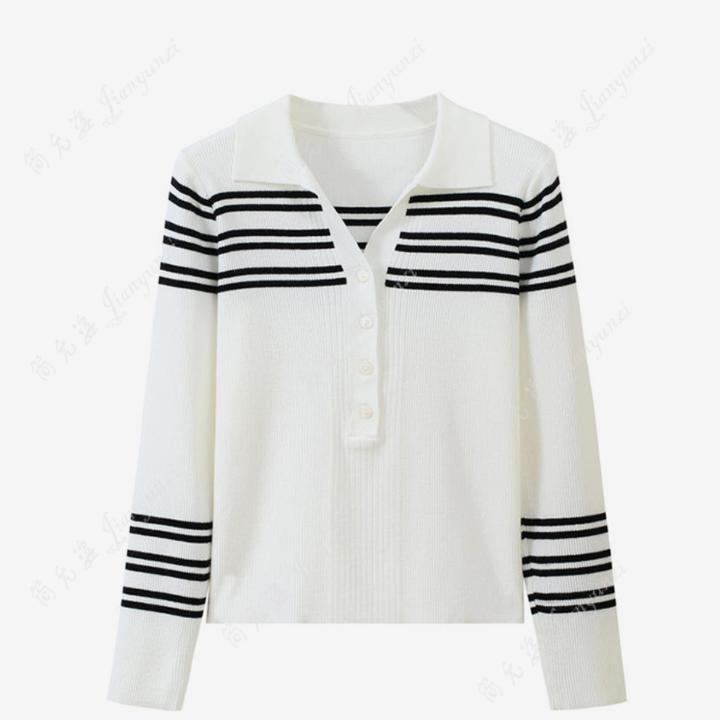 流行单品韩系条纹polo领正肩针织短袖T恤女2025秋季新款修身上衣