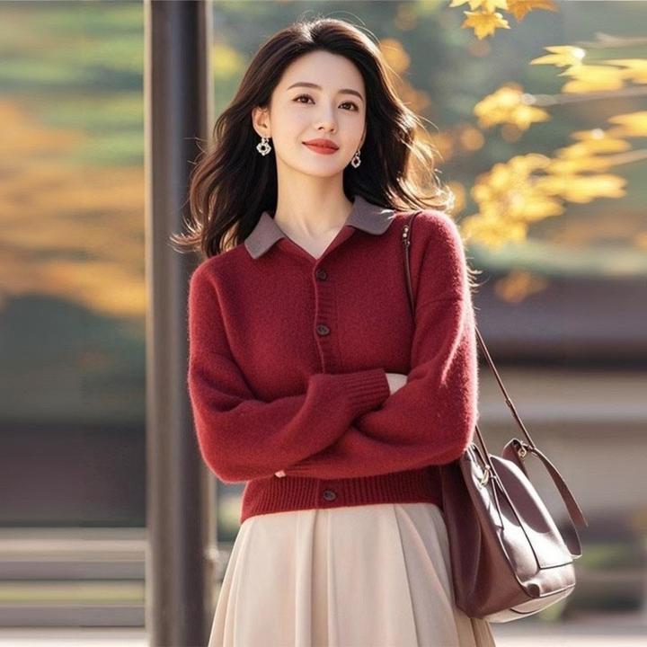 广州十三行女装翻领2025秋冬新款针织开衫轻熟风上衣宽松通勤外套