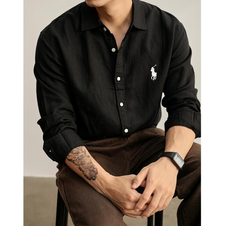 奥兰德保罗高级感男士翻领衬衫骑士秋季丝莱赛尔亚麻休闲长袖寸衣