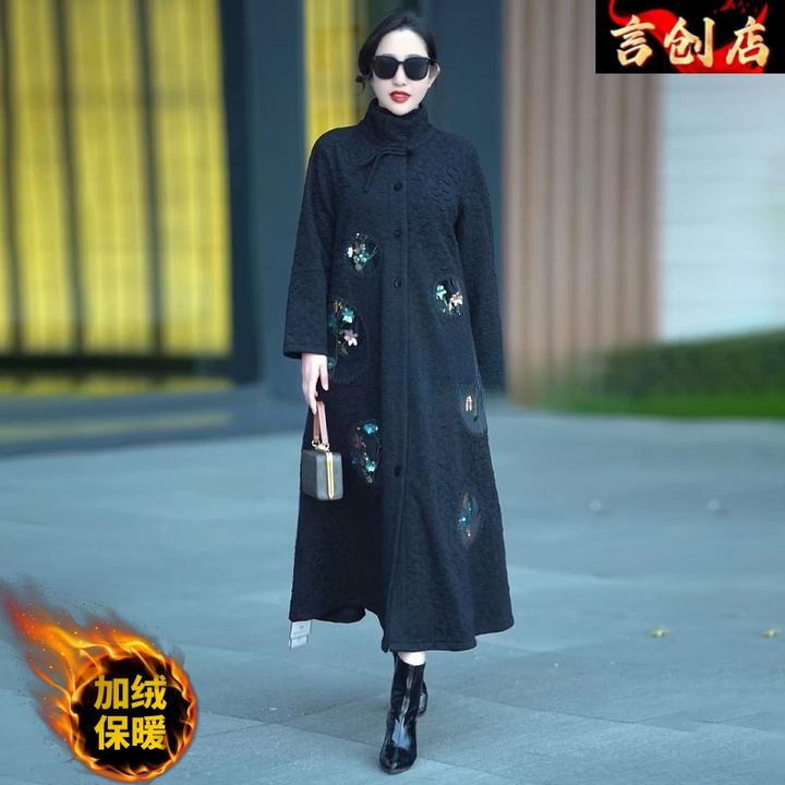 6612-190过膝长款冬季加绒刺绣高品质夫人大衣加厚女保暖风衣外套