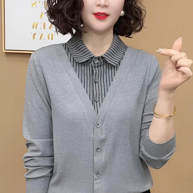 2025春秋条纹拼接套头女宽松衬衫领百搭显瘦假两件长袖小衫#27