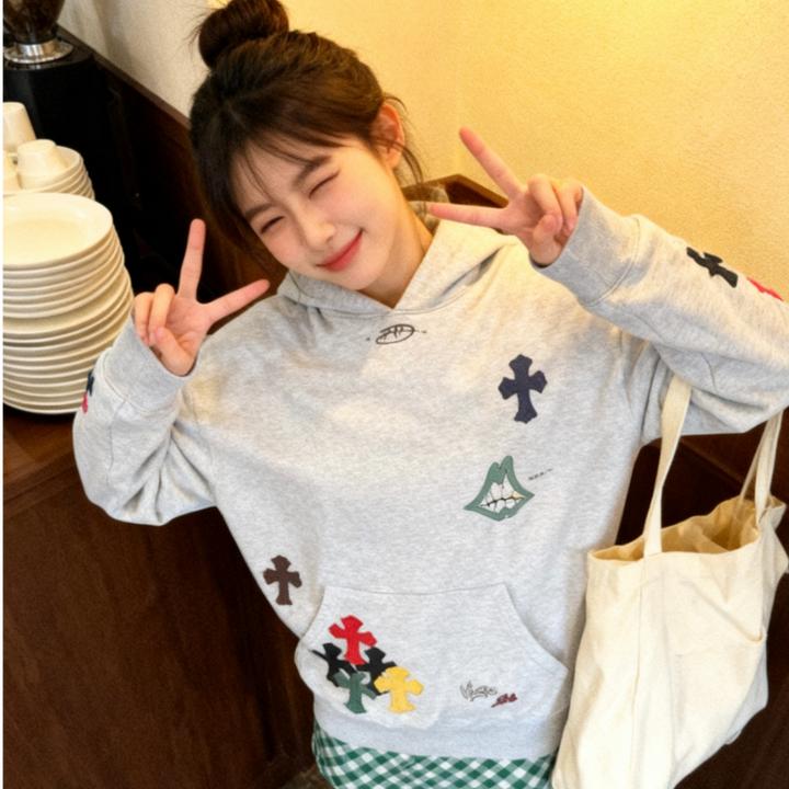 特大码300斤复古时尚潮流贴皮连帽卫衣胖mm个性小众百搭美式上衣