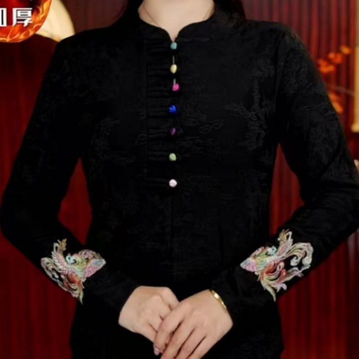 [绣鸾] 柒夫人高定加厚彩色扣子新中式刺绣打底衫--蓉蓉