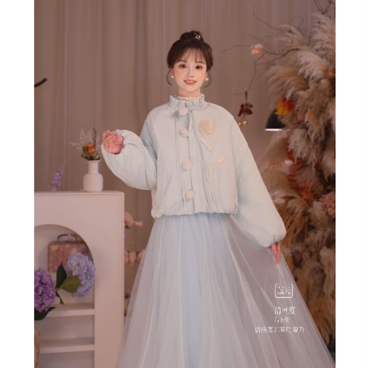 瑶西【天青郁香】冬季立体毛球郁金香外套加绒半身纱裙国风原创套装