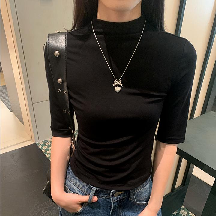 黑色中袖T恤春秋季女士修身正肩半高领紧身五分袖内搭上衣洋气t恤