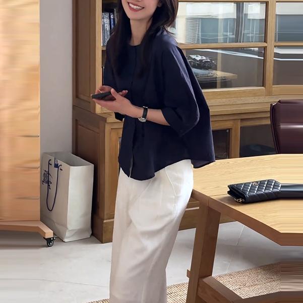 法式高级感藏蓝色薄款七分袖衬衫女2025夏新款宽松阔腿长裤两件套