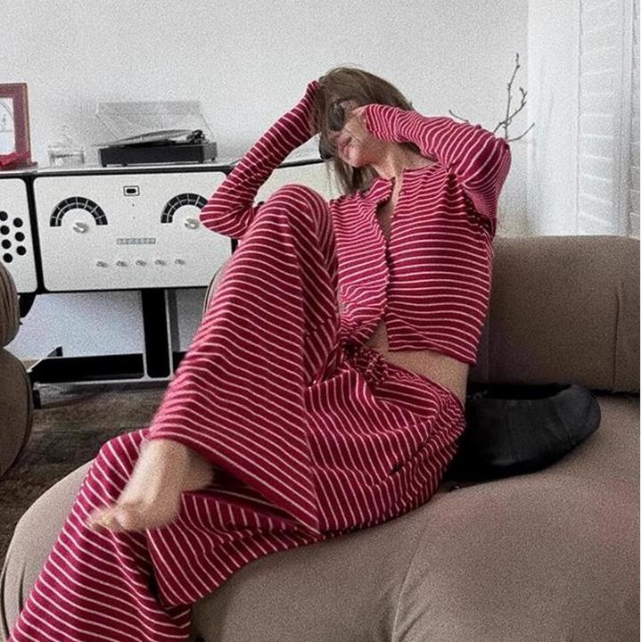 【韩版条纹睡衣】简约春秋款女生高级感长袖长裤家居服套装可外穿