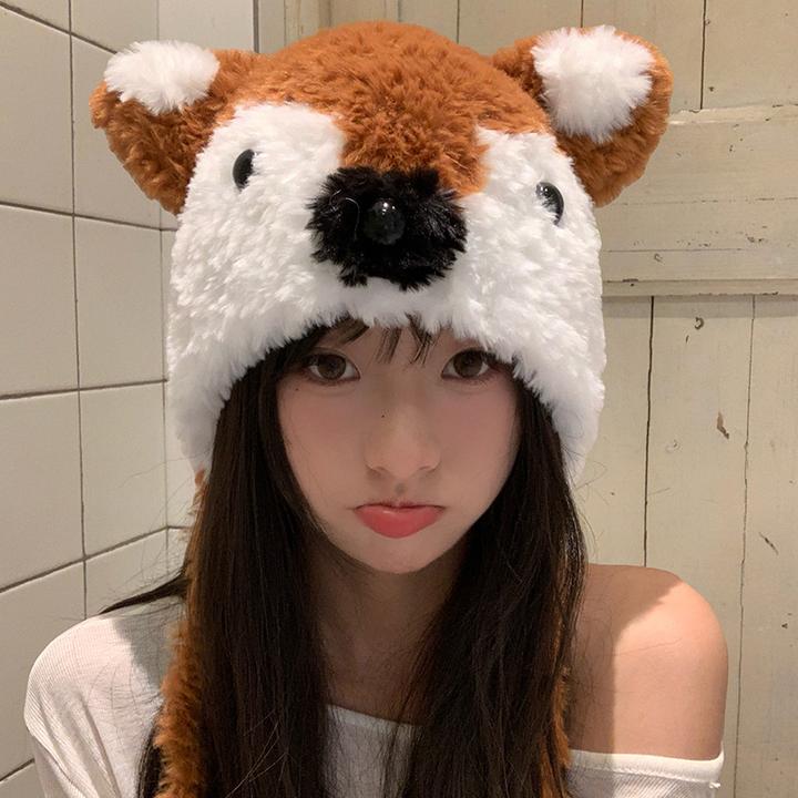 卡通小狐狸加厚毛绒帽子女款2025秋冬季新款保暖护耳帽可爱包头帽
