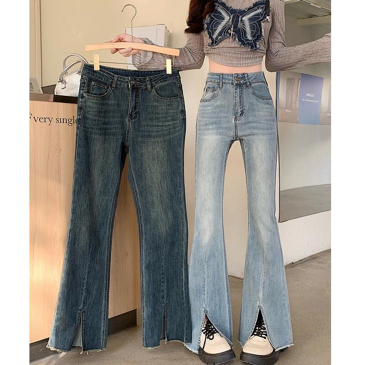 大码美美哒2025春季修身微喇牛仔裤复古高腰开叉设计感长裤65520