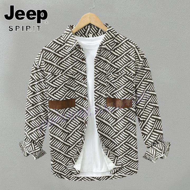 Jeep吉普春秋季长袖印花衬衫潮流帅气拼接衬衣百搭复古男开衫上衣