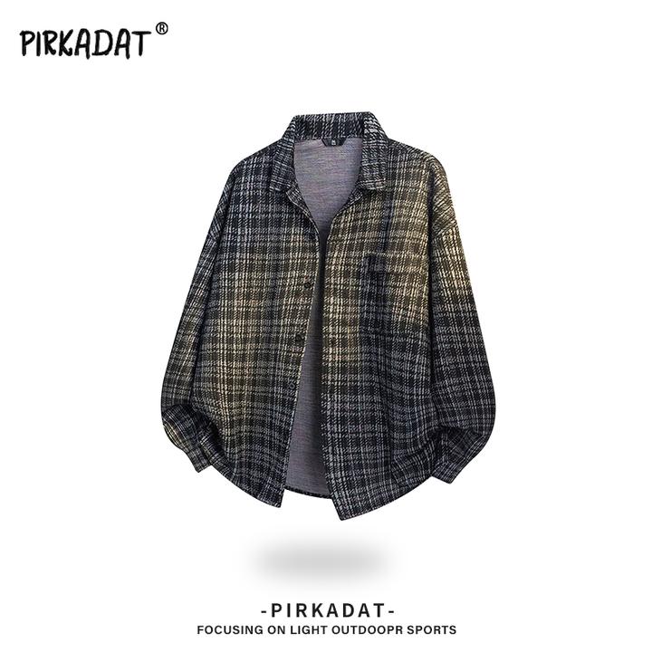 Pirkadat秋季新款条纹格翻领衬衫外套男韩系小众休闲宽松百搭夹克