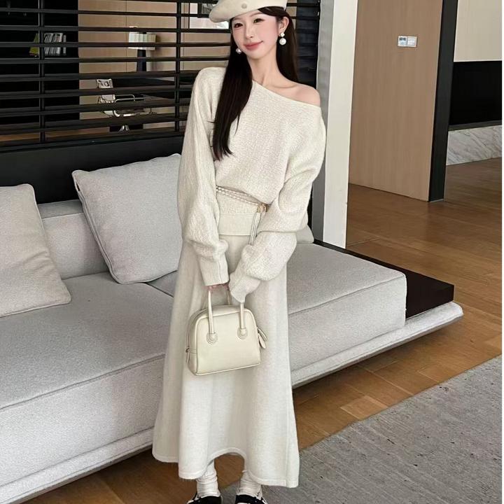 设计感气质针织套装女秋冬新款宽松慵懒风蝙蝠袖毛衣半身裙两件套