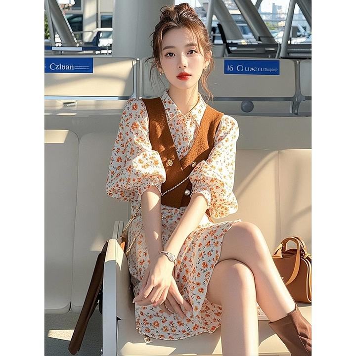 春季穿搭一整套法式独特漂亮气质套装橘色碎花连衣裙配马甲两件套