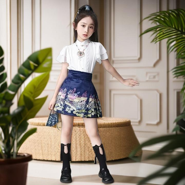 女童马面裙夏季短款国风古装汉服女孩儿童马面裙女童套装短裙