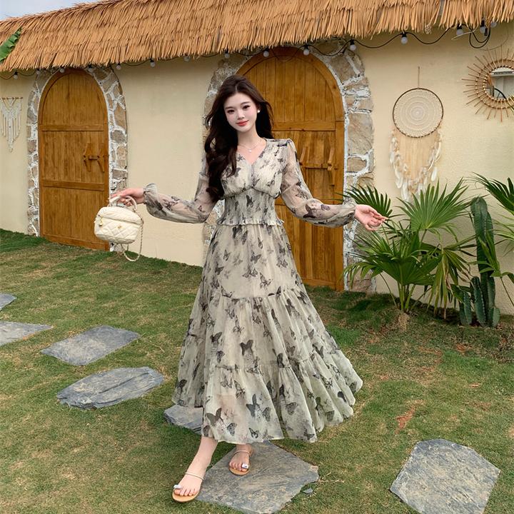 印花v领长袖连衣裙女夏季新款时尚茶歇水墨蝴蝶收腰显瘦a字长裙