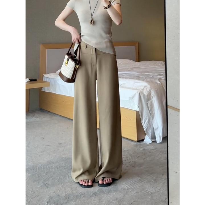 卡其色高腰垂感休闲拖地裤女夏季新款气质百搭老钱风西装阔腿裤