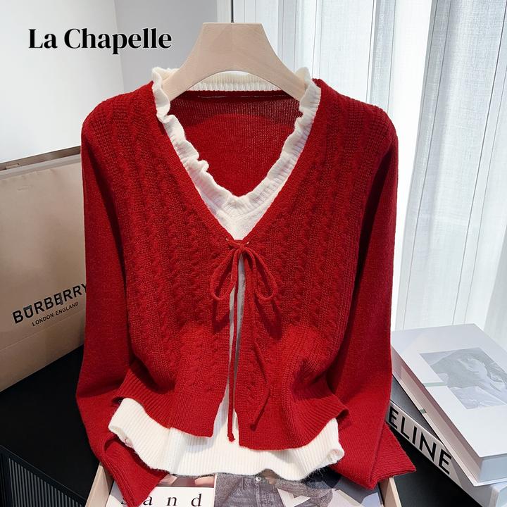 拉夏贝尔设计感假两件木耳边毛衣女秋冬新款上衣小众百搭红毛衣
