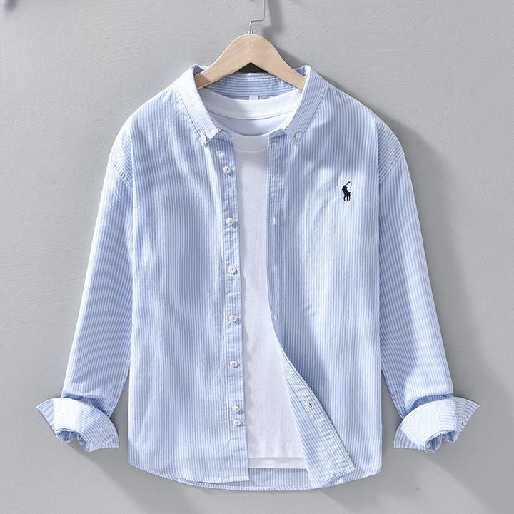 潮牌春秋季韩版清新条纹长袖衬衫男装文艺刺绣标宽松休闲衬衣薄款
