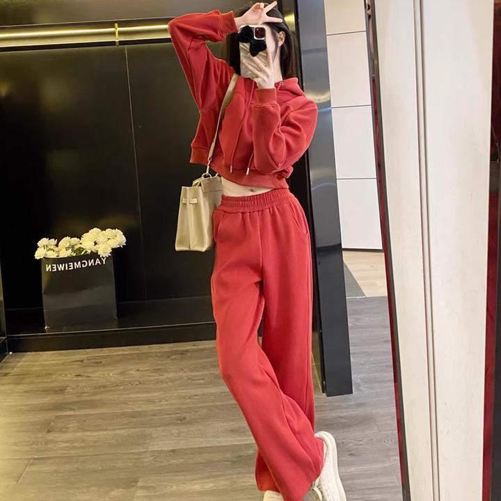 【现货】Leathercat早秋穿搭套装时尚休闲红色运动裤小个子两件套