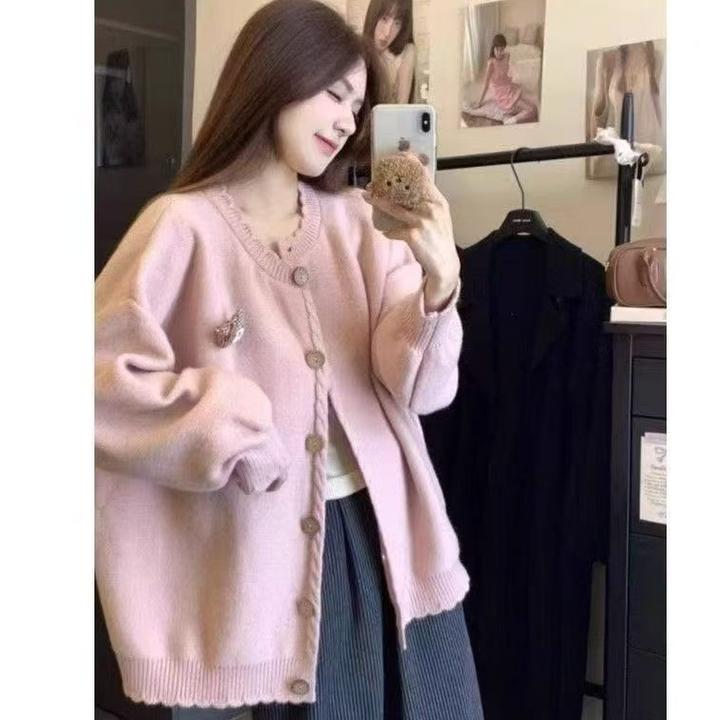 秋冬新款女简约宽松毛衣外套可爱花边百搭好穿上衣甜美针织开衫女