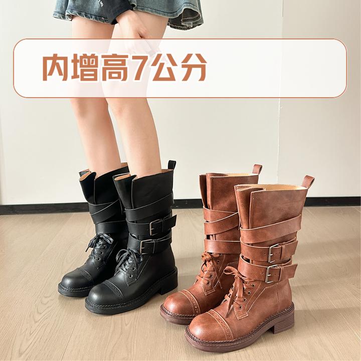 增高4cm复古百搭显瘦中筒女靴褶皱堆堆靴2025新款高筒长靴骑士靴