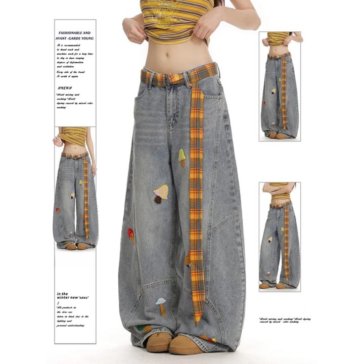 美式复古阔腿设计感垂感裤女2025秋季新款趣味小众刺绣弯刀牛仔裤