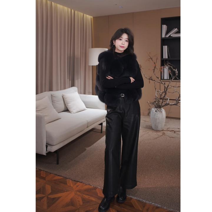 广州琴姐【暗夜骑士】琥珀流光风黑色显瘦直筒皮裤女秋冬新款 7820