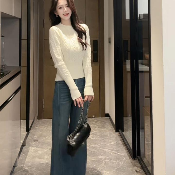 国潮个性甜美风设计感麻花纹圆领针织衫女新款秋冬季修身长袖上衣