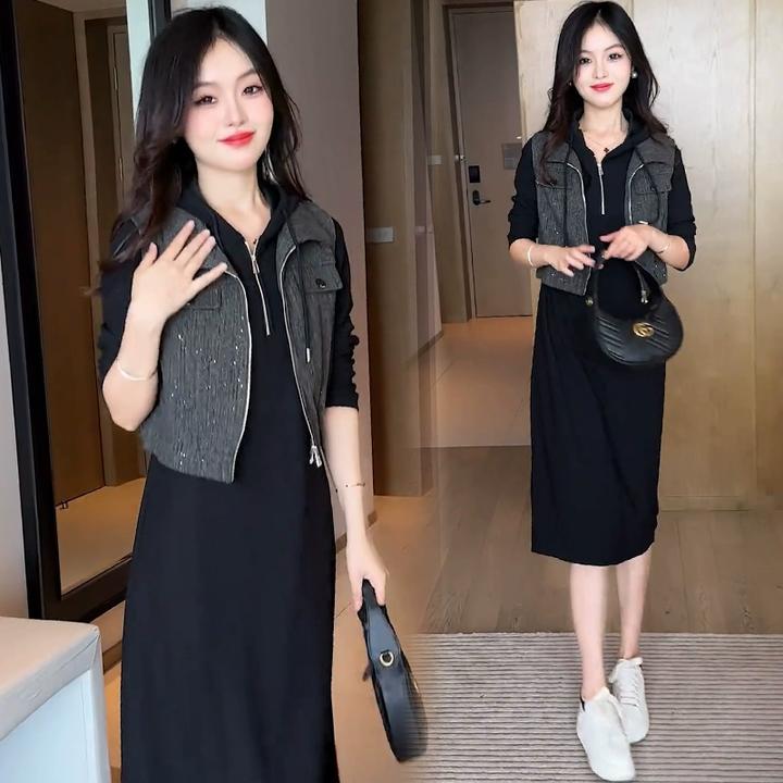时尚连衣裙套装女2025春季新款洋气显瘦连帽马甲外套卫衣裙两件套