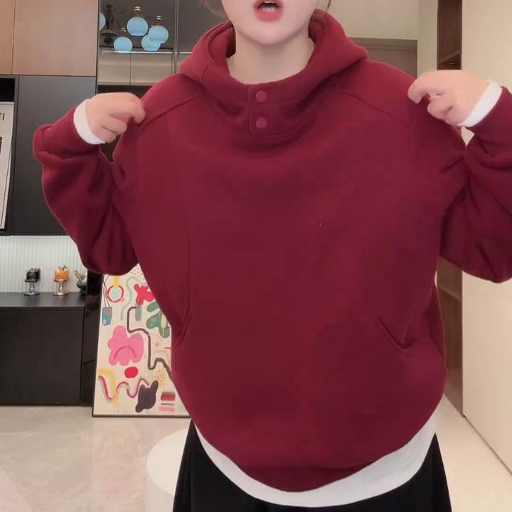 冬季加绒新款连帽两粒扣带兜拼接卫衣洋气休闲LK2509036