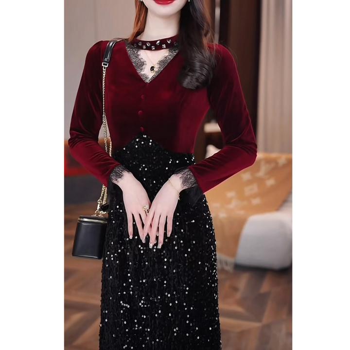 红人上新春节款元素连衣裙冬2024年新中式收腰气质加厚轻奢打底裙