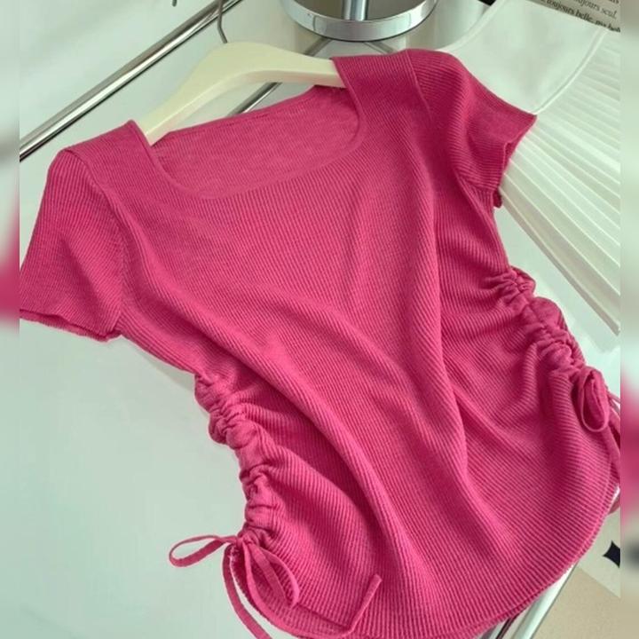 2025新款时尚洋气时髦减龄短袖独特超好看玫红色针织方领t恤女夏