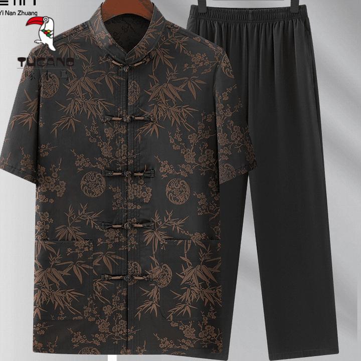 啄木鸟中老年男士夏装短袖中国风爸爸装休闲唐装宽松爷爷新中式复