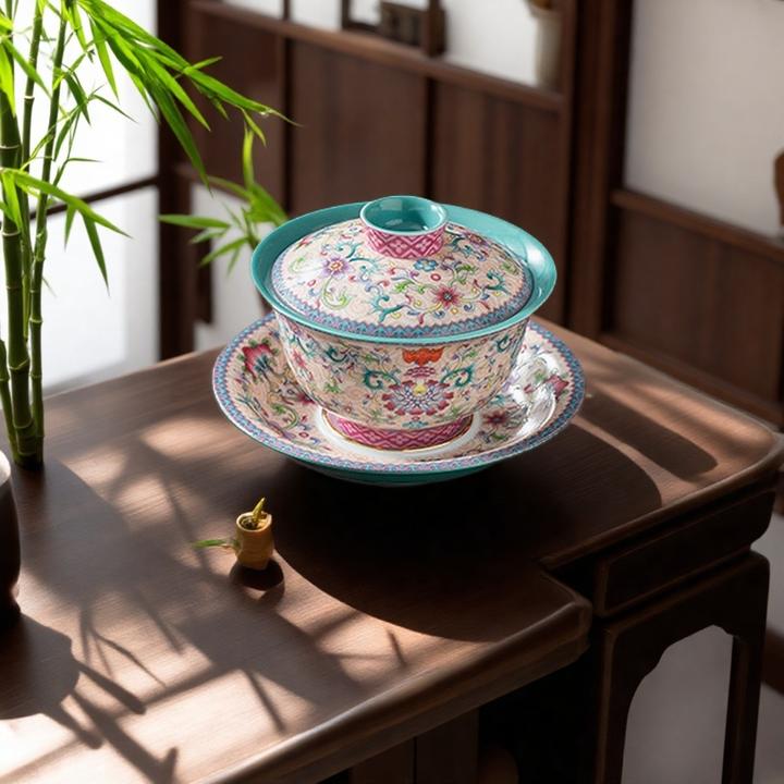 景德镇珐琅彩万花盖碗茶具泡茶碗大撇口喝茶器高档个人专用