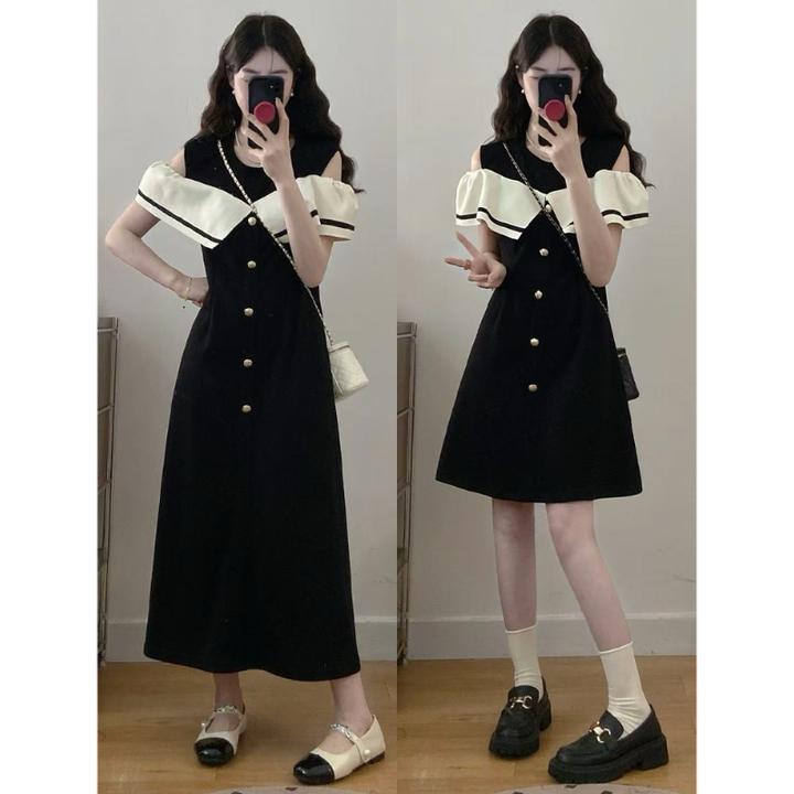 大码女装夏季新款胖mm露肩a字排扣拼色设计感连衣裙洋气长短裙子