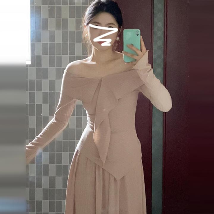 【现货+运补】一字肩针织连衣裙子初秋装女新款早秋一整套长裙5396