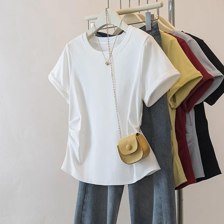 大码女装2025夏季新款休闲百搭胖mm收腰纯色短袖T恤女上衣