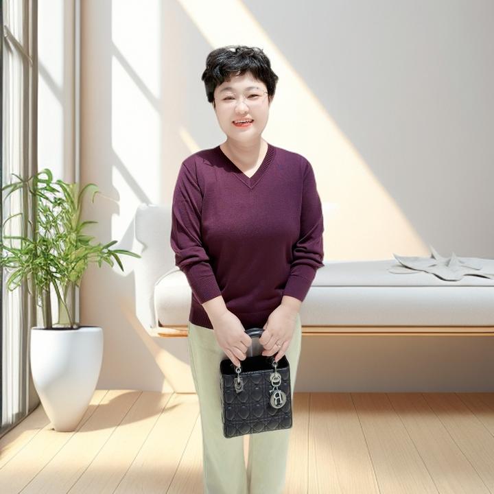 【大码长袖】秋季打底V领（25182）妈妈装100%莱赛尔纤维条纹春秋时尚