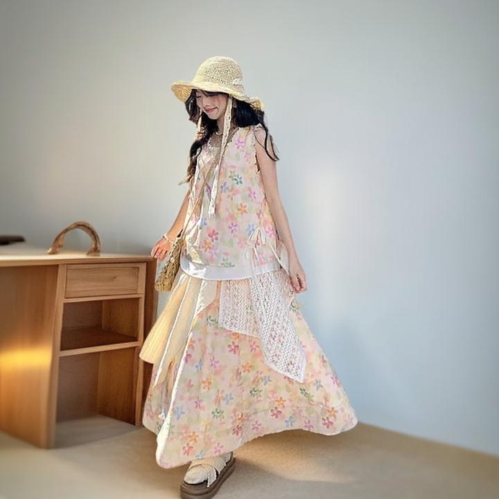 2025夏新款彩虹碎花印花套装蕾丝背心上衣拼接复古半身裙出游女装
