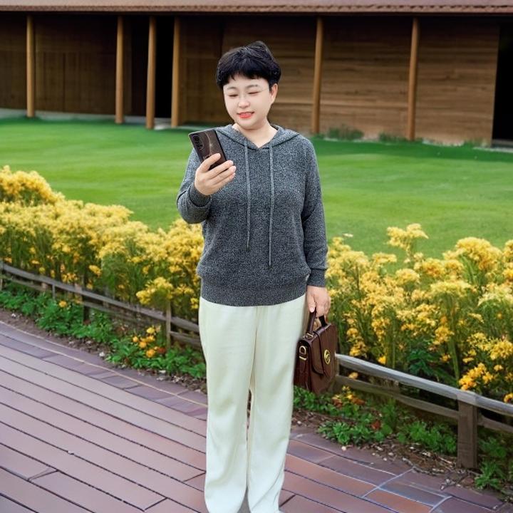【加厚羊毛花纱帽衫】大码女装（25337）针织时尚百搭连帽秋冬宽松