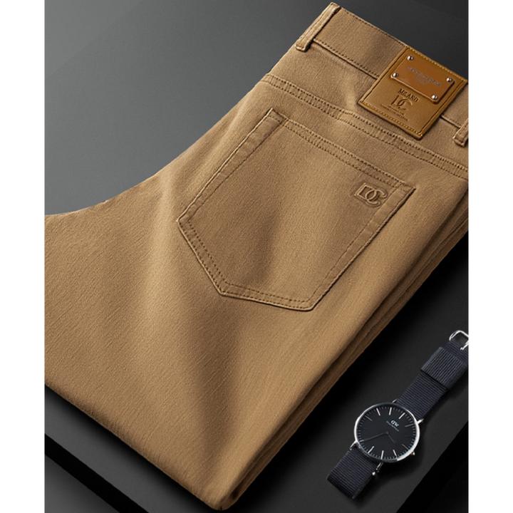 利尼科比利秋冬厚款压花皮牌商务休闲裤男修身小直筒高端男士西裤