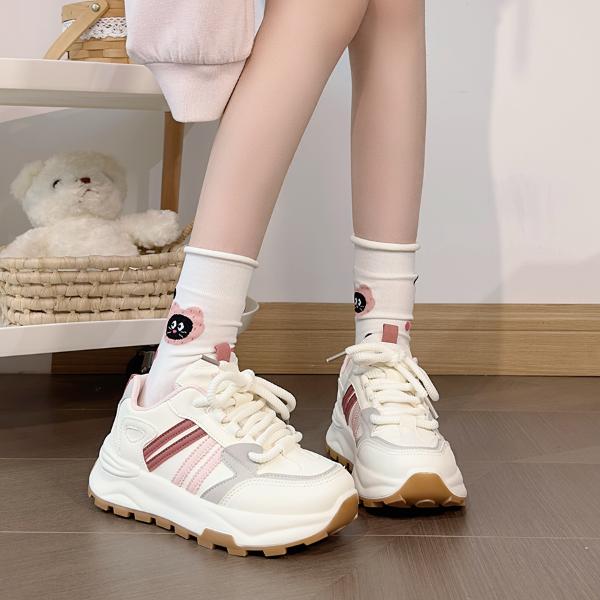 人本女鞋运动鞋2025新款皮面厚底增高老爹鞋学生百搭韩版休闲鞋子