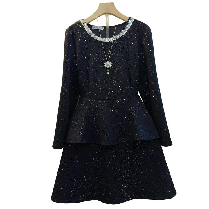 名媛气质细闪收腰显瘦双层裙摆连衣裙（长88左右）