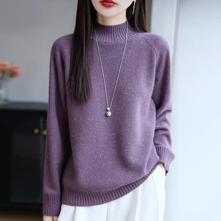高级感亮片半高领毛衣女内搭秋冬宽松羊毛针织衫加厚保暖打底上衣