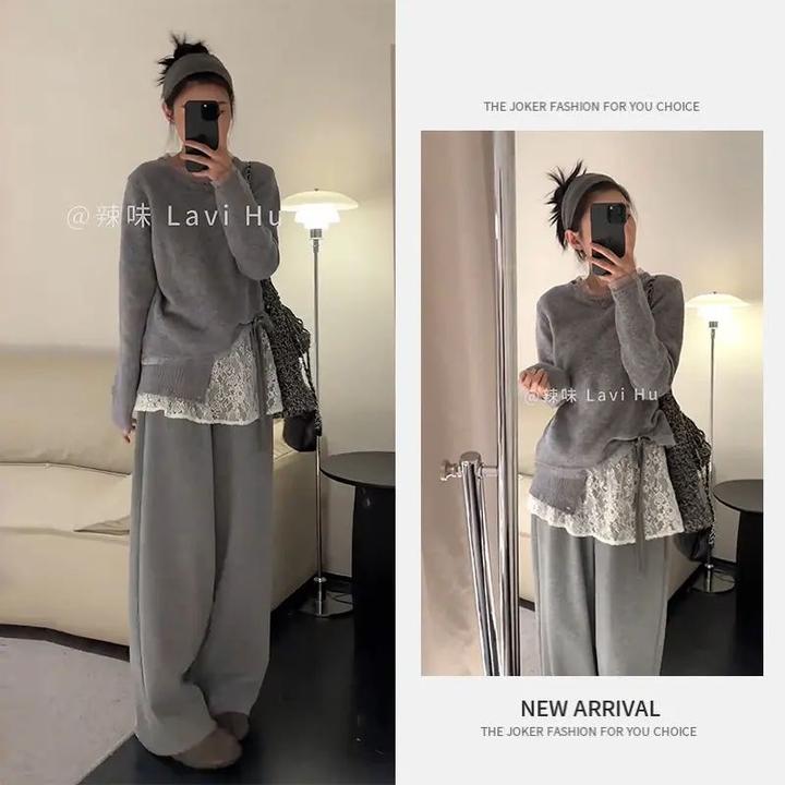 今年流行一整套女2026早春新款时尚百搭宽松拼接毛衣休闲裤两件套