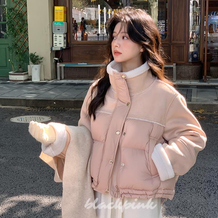 原版冬季加厚立领皮毛一体拼接棉服韩系保暖休闲小个子短款棉袄