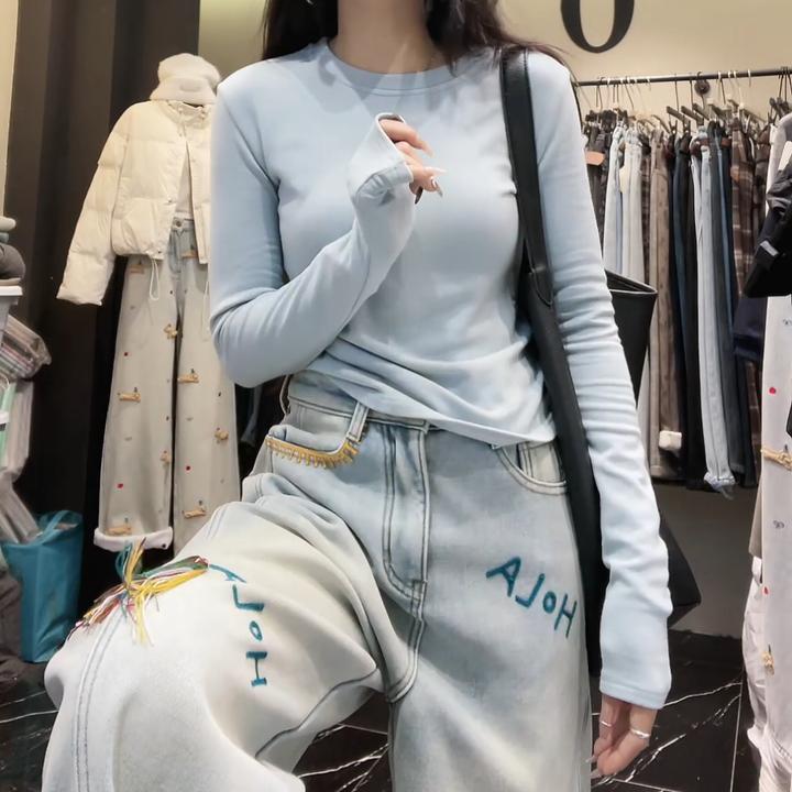 【奶油baby蓝】磨毛休闲纯色保暖长袖绒绒打底衫LK2500937