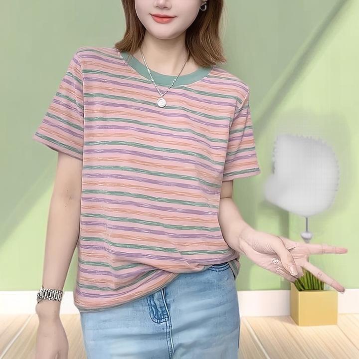 【纯棉】2025夏季宽松条纹短袖t恤女出游服装女装正肩圆领t恤女款