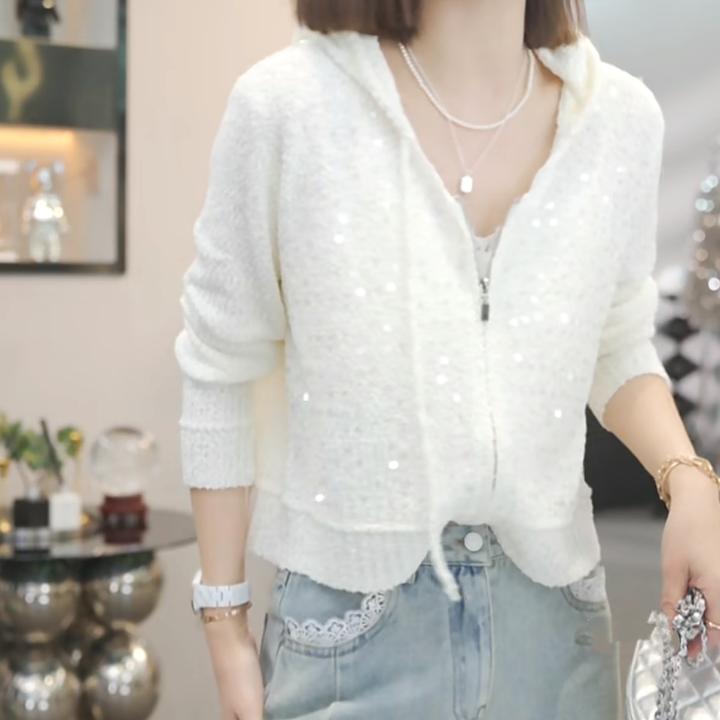 设计感时尚气质亮片毛衣帽衫女2025春季新款小香风拉链开衫上衣