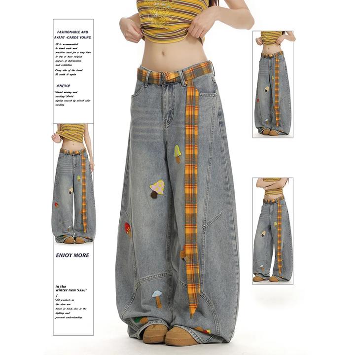 美式复古阔腿设计感垂感裤女2025秋季新款趣味小众刺绣弯刀牛仔裤